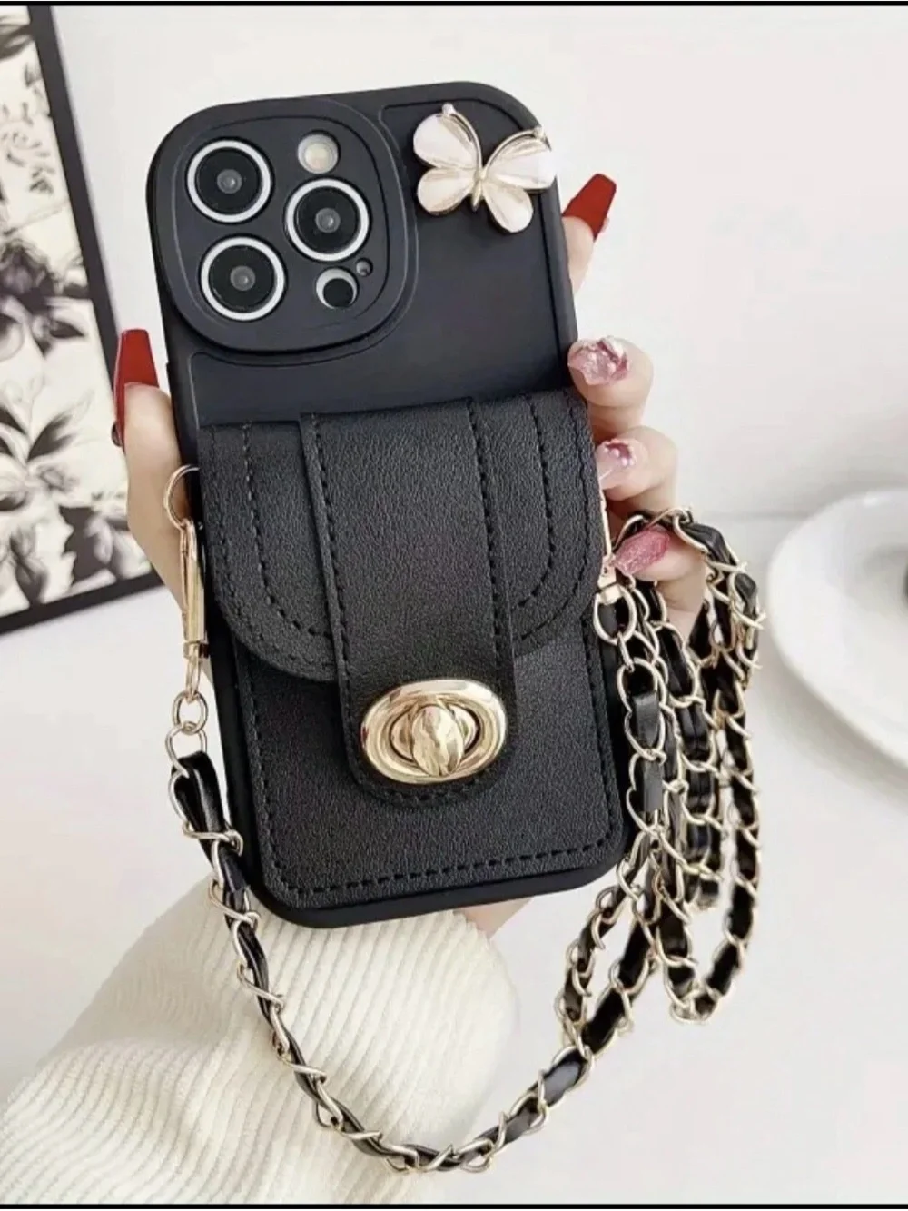 New ~ iPhone 15 Plus Black Crossbody Wallet Phone Case with Gold Chain